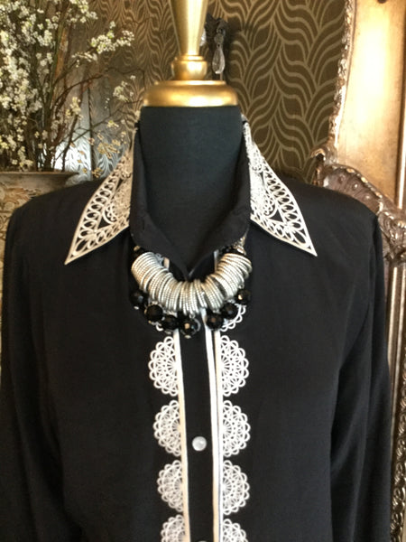Vintage black white embossed silk top