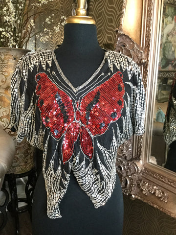 Vintage  black red butterfly sequin top