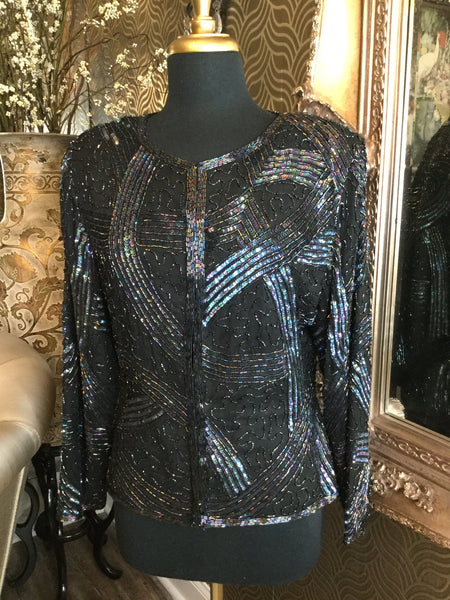 Vintage  black multi beading sequin silk top
