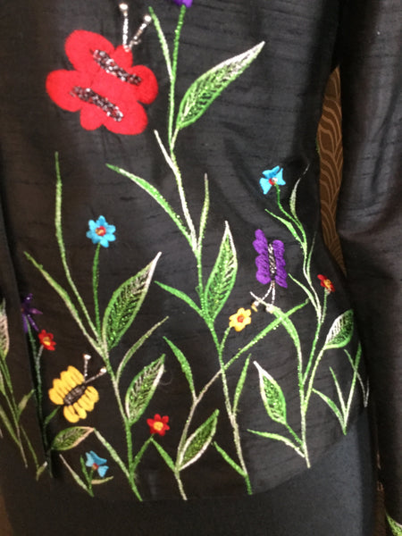 Vintage black floral sequin embossed silk top