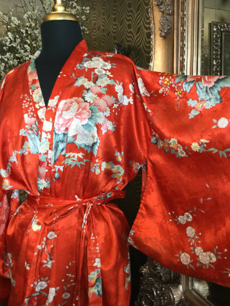 Vintage japanese floral red orange print kimono
