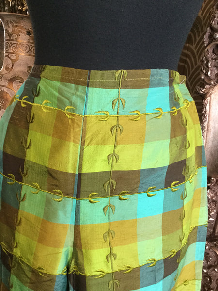 Vintage green multi embroidered silk print pants