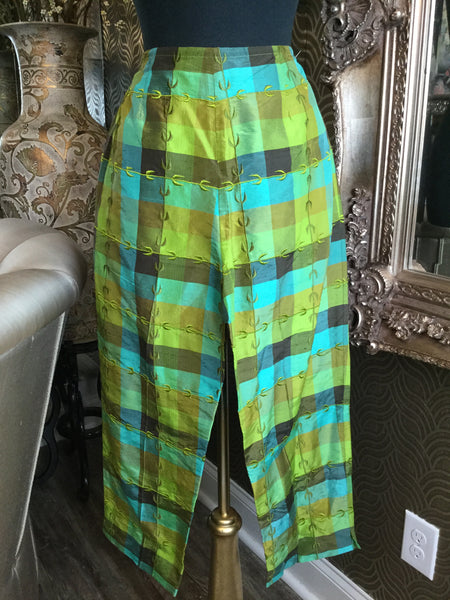 Vintage green multi embroidered silk print pants