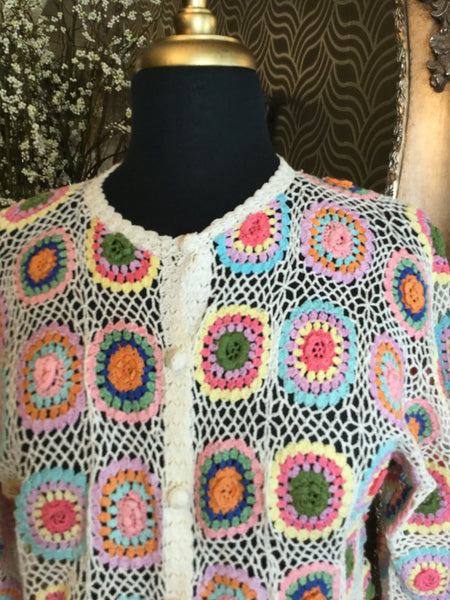 Vintage white multi crochet print top