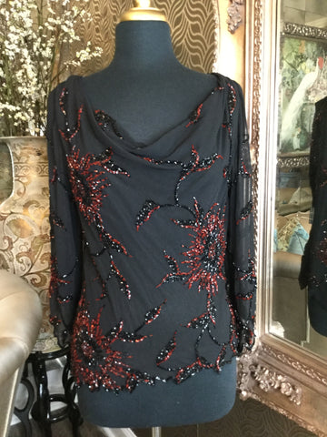 Vintage black red floral sequin top