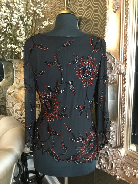 Vintage black red floral sequin top