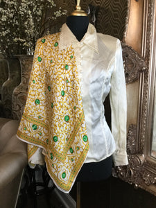 Vintage Silk gold  green jewel Scarf