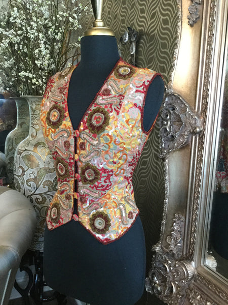 Vintage  red multi print beaded sequin silk vest