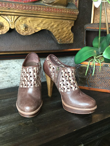 Brown Australia fatima woven leather booties heels