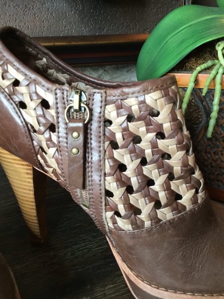 Brown Australia fatima woven leather booties heels