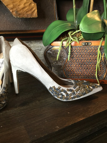 Gray suede beaded/jewel heels Sz 7 1/2