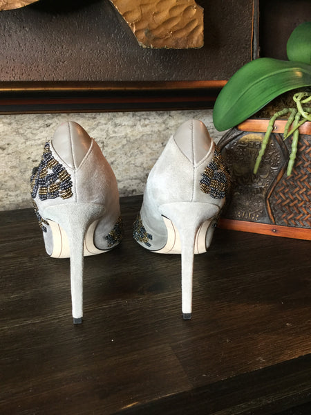 Gray suede beaded/jewel heels Sz 7 1/2