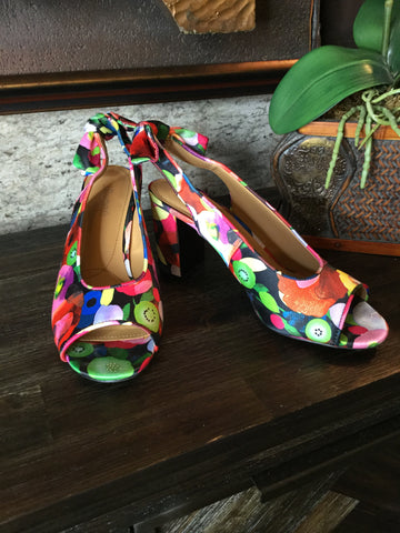 Bright floral print slide back heels Sz 10