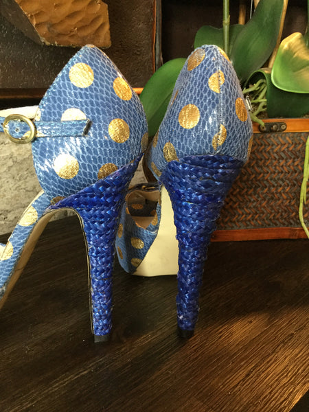 Fabric polkdot blue gold heels Sz 7 1/2