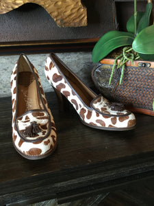 Leather animal calf hair tassel heels Sz 10