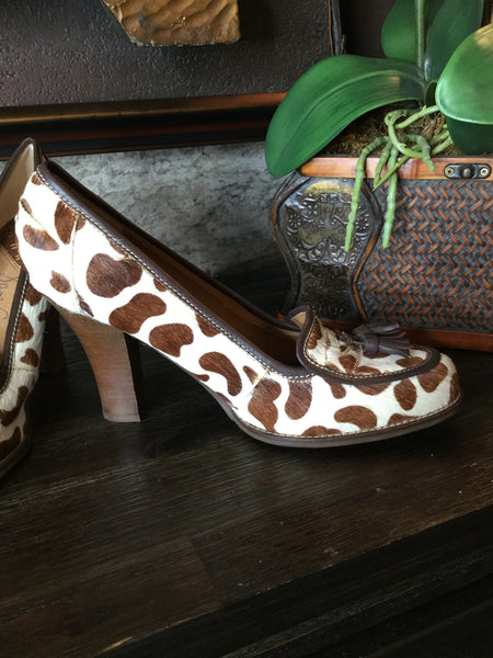 Leather animal calf hair tassel heels Sz 10