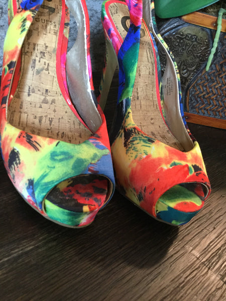 water color fabric sling back heels Sz 6