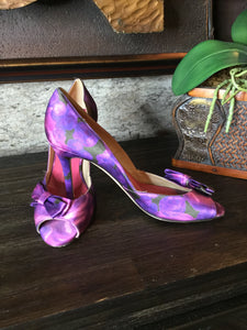 Satin multi purple peeptoe heels Sz 9
