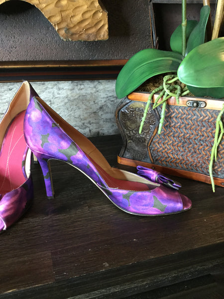 Satin multi purple peeptoe heels Sz 9