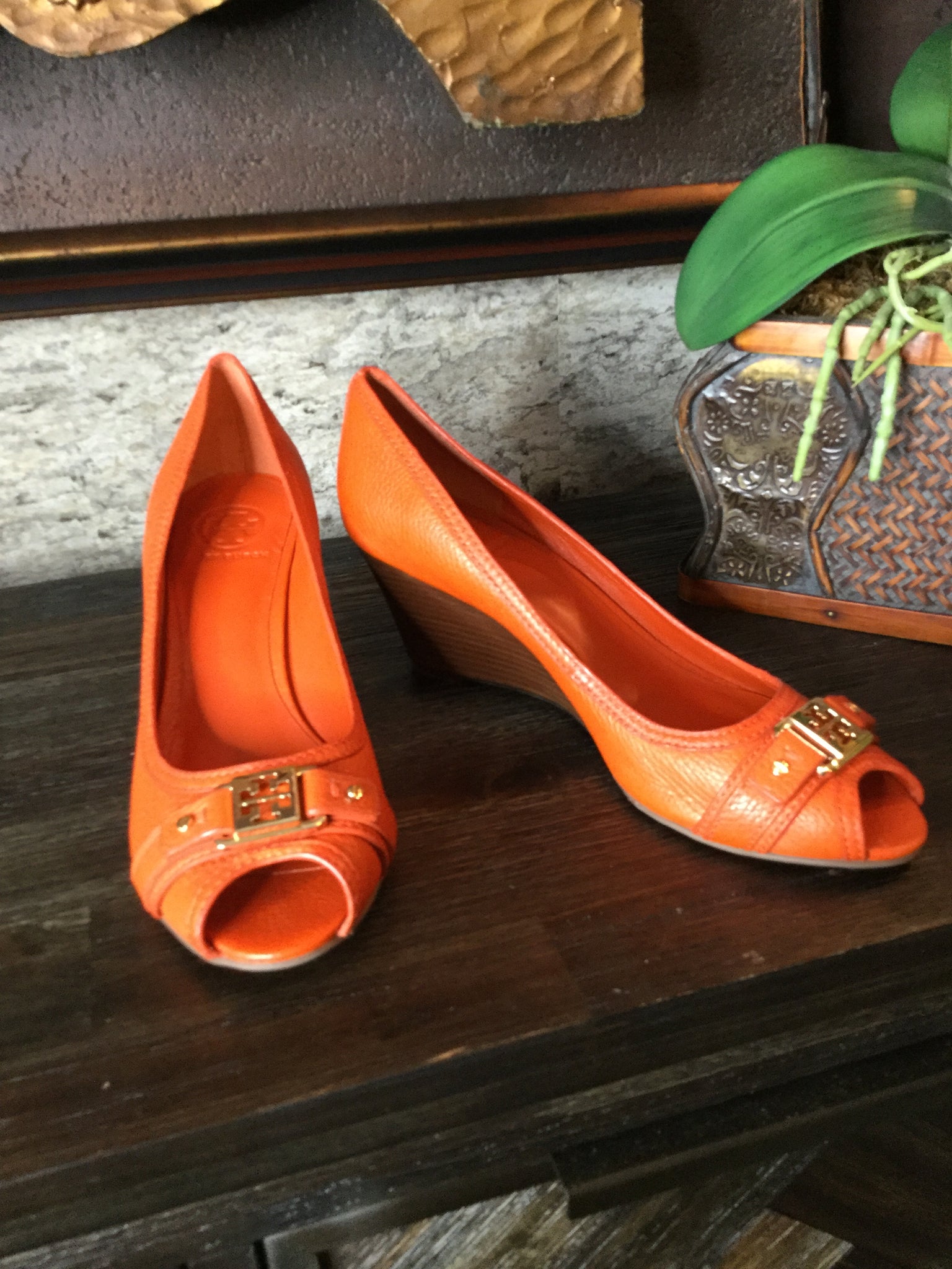 Orange leather wedge heels Sz 10