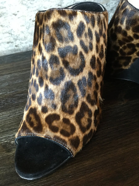 Black suede calf hair wedge slide in heels Sz 38/8