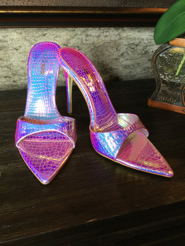 Metallic croc embossed slide in heels Sz 9