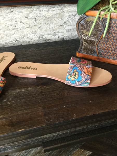 Fabric floral slide in flats Sz 10