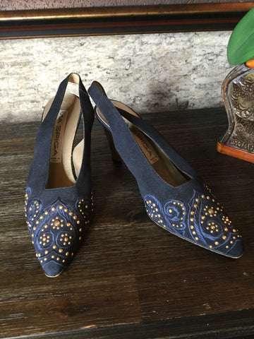Vintage blue suede studded heels Sz 6 1/2