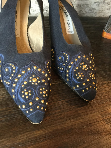 Vintage blue suede studded heels Sz 6 1/2