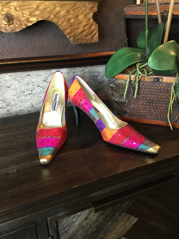 Vintage silk multi strip dot heels Sz 8 1/2