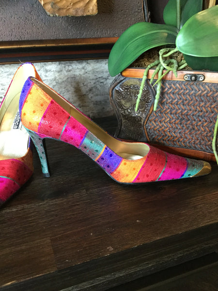 Vintage silk multi strip dot heels Sz 8 1/2