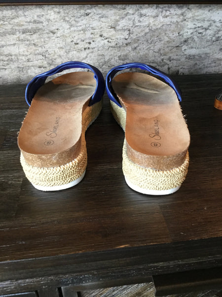Blue ruffle suede slide in sandals Sz 8