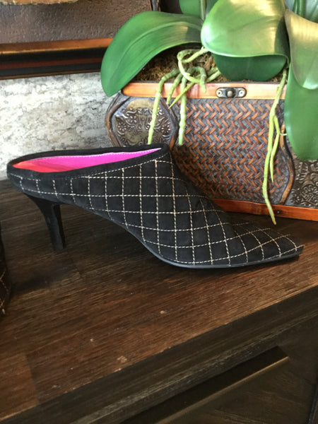 Vintage black Quilted suede slide in heels Sz 8