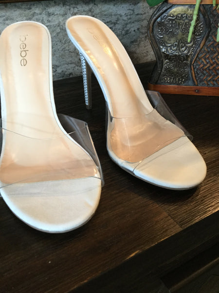 white suede jewel slide in clear heels Sz 10