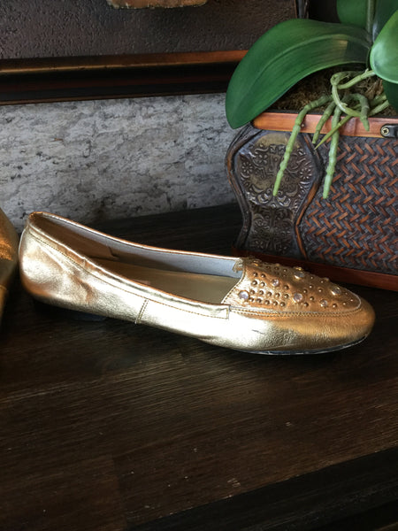 Vintage gold leather ballet jewel flats Sz 9 1/2