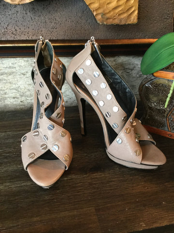 Taupe stud peep toe leather heels Sz 8