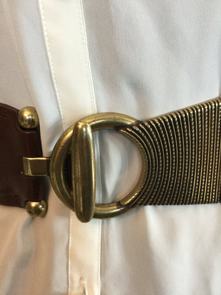 Brown v leather brass hook metal belt