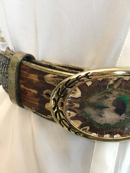 Vintage Peacock feather gold ovel buckle belt