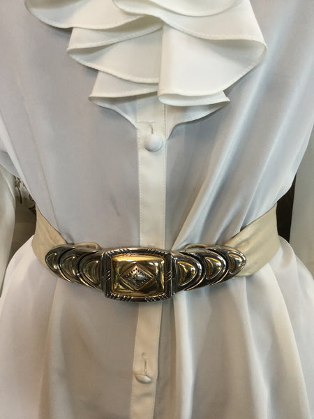 Vintage 70's metal clasp cream leather belt