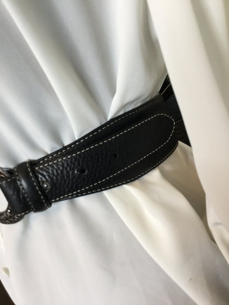 Vintage black leather metal embossed interlock buckle belt