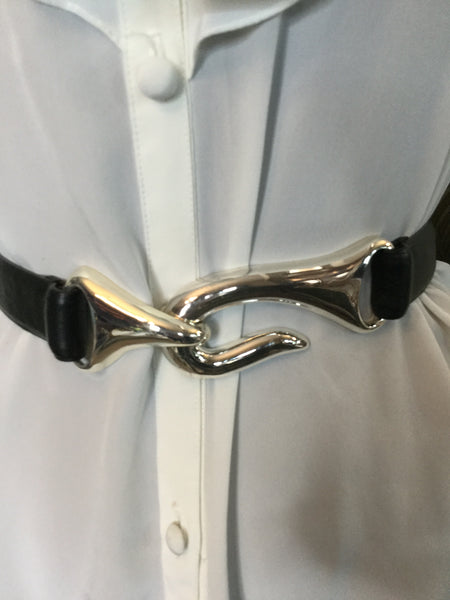 Vintage black adjustable leather metal hook belt