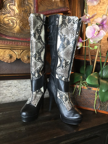 Black leather reptile print boots