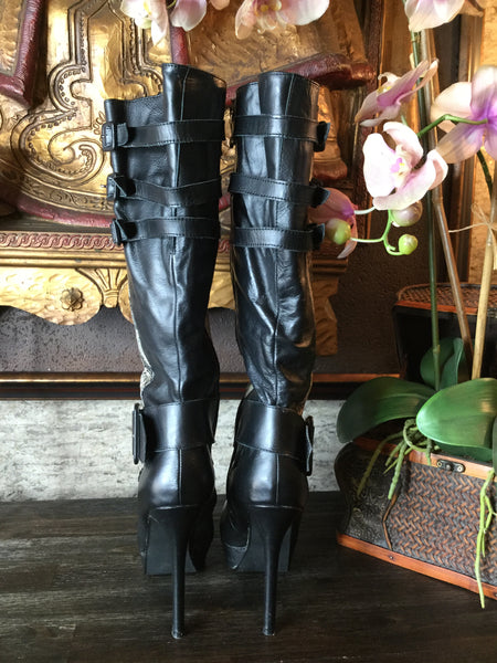 Black leather reptile print boots