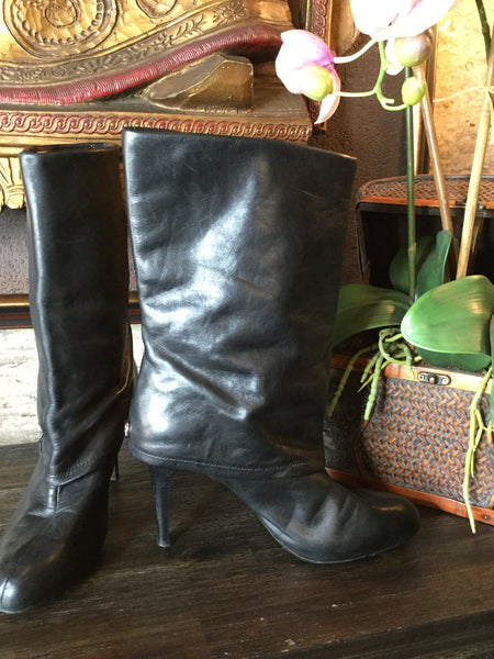 Black leather turn down flap boots