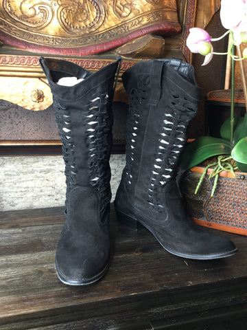 Leather suede braided riding boots