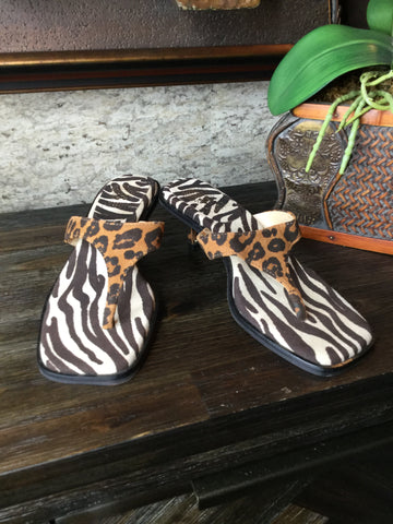 Suede animal print thong sandals