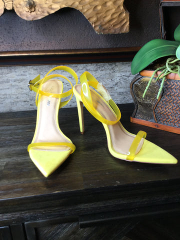 Yellow suede pointy toe ankle strap heels