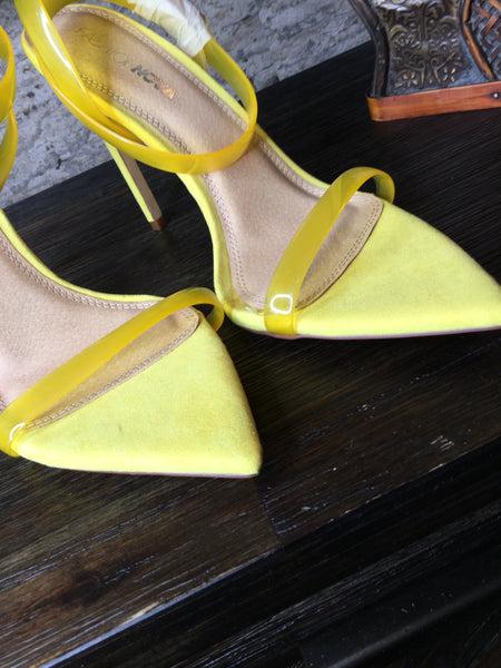 Yellow suede pointy toe ankle strap heels