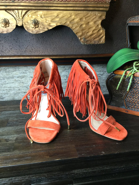 orange suede fringe ankle tie heels