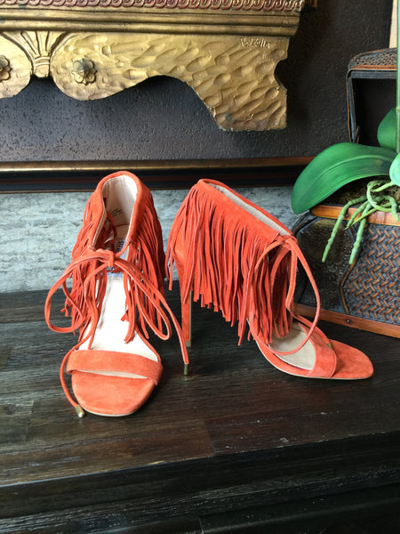 orange suede fringe ankle tie heels